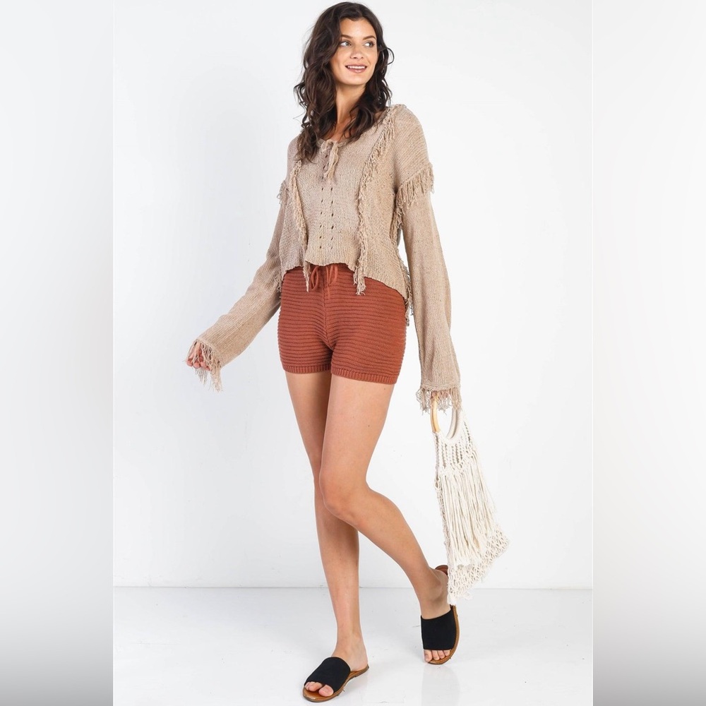 Sand Feminine Self-Tie V-Neck Knit Top 1345